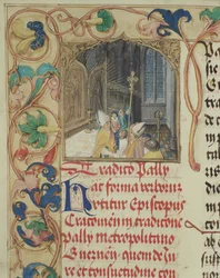 Obispo de Cracovia entregando el Palio al Arzobispo de Gniezno del Pontifical del Obispo Erasmus Ciolek c.1510 (temple y oro sobre pergamino)