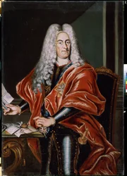 ""Portrait Of Aristocrat"" Retrato de un hombre polaco desconocido, probablemente un estadista, de condición adinerada, con peluca y armadura. Lleva cruces de nobleza y presenta una carta dirigida al Gran Canciller. Pintar