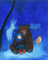 Oso pardo y niño, 2021 (acuarela y gouache sobre papel)