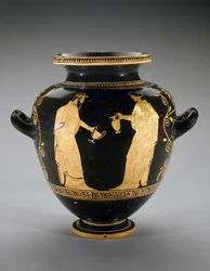 Stamnos de figuras rojas con escena de Dionisio con sirvienta, 440-420 a.C.