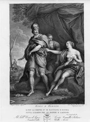 Eneida de Virgilio (70 a. C.-19 a. C.), Libro IV: el héroe troyano Eneas abandona a Dido, quien desesperada se suicida. Grabado según una pintura de Pompeo Batoni (1708-1787)