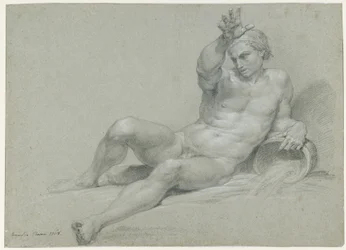 Estudio de desnudo de un modelo masculino recostado, con el brazo derecho levantado, en la pose de un antiguo dios fluvial, vista oblicua desde la izquierda
