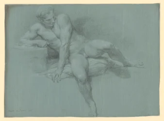 Estudio de desnudo de un modelo masculino recostado, apoyado en el brazo izquierdo delante del cuerpo