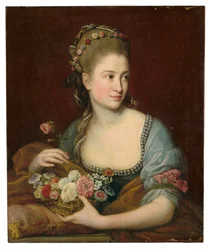 Retrato de una dama como Flora, medio cuerpo, sosteniendo una cesta de flores
