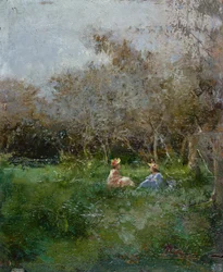 Damas elegantes descansando en un paisaje boscoso (óleo sobre tabla)