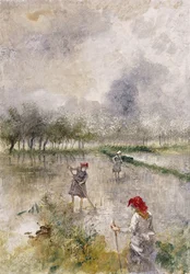 Mujer en los arrozales (monotipo impreso en colores, realzado con crayón)