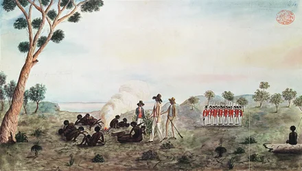 El Sr. White, Harris y Laing con un grupo de soldados visitando Botany Bay Colebee en ese lugar cuando fue herido cerca de Botany Bay, c.1790