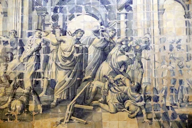 Iglesia de la Misericordia. Azulejos. La limpieza del Templo. Jesús. Évora. Portugal.