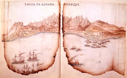 Cotton Tiberius D. IX, ff.11v-12 Vista de Aguada, ilustración de 