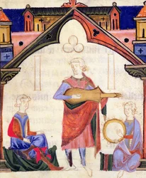 Fol.12v Músicos tocando la guitarra y el tamboril, del Chansonnier des Nobles
