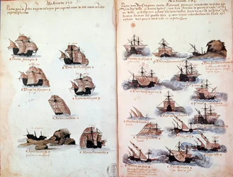 Página de manuscrito “Memoriales de las armadas de Portugal bajo el rey Manuel I (1469-1521)” representando las flotas portuguesas. 1523