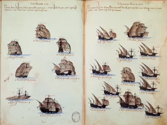 Página de manuscrito Memoriales de las armadas de Portugal bajo el rey Manuel I representando las flotas portuguesas
