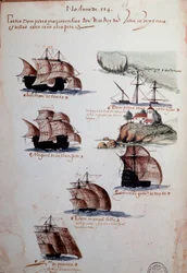 Página manuscrita «Recuerdos de las armadas de Portugal bajo el rey Manuel I (1469-1521)», que representa las flotas portuguesas del año 1497. 1500. Lisboa, Museo Nacional de Arte Antiguo.