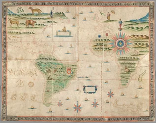 Mapa de Europa Occidental, África y América, con dibujos de montañas, animales, etc. Joseph da Costa e Miranda