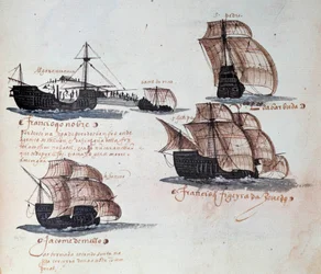 Memorial de las armadas de Portugal bajo el rey Manuel I (1469-1521): representación de las carabelas de la flota portuguesa. Miniatura de un manuscrito de 1497. Lisboa, Museo Nacional de Arte Antiguo