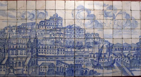 Vista panorámica de Lisboa, antes del terremoto de 1755 - Azulejos de comienzos del siglo XVIII, panel que señala el antiguo palacio de los condes de Tentúgal, Lisboa, gran panorama de Lisboa antes del terremoto de 1755, loza de comienzos del siglo XVIII