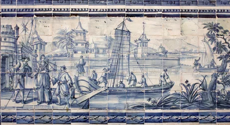 Escena en la orilla de un río en Asia - Azulejos, loza pintada