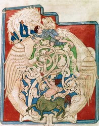 Letra O con representación de un centauro cazador. Miniatura tomada del “Antiguo Testamento” (Testamentum vetus) de Santa Cruz de Coimbra. Siglo XII. Oporto, Biblioteca Municipal