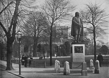 Bedford: Iglesia de San Pedro y la estatua de Bunyan, c1896