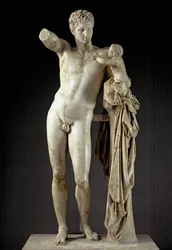 Arte griego: Hermes y Dionisio niño - Escultura de mármol de Praxíteles (siglo IV a.C.) del templo de Hera en Olimpia, 330 a.C.