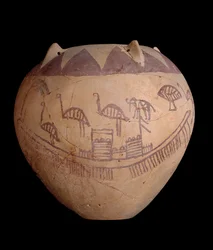 Jarra de arcilla cocida con decoración pintada, incluyendo barcos y animales, c.3400-3300 a.C.