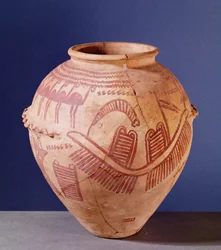 Jarrón que representa dos santuarios en una barcaza, c.3500 a.C.