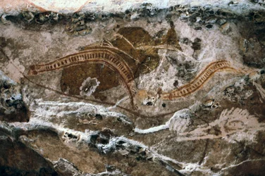 Pintura rupestre aborigen, yacimiento de las cuevas de Ubirr, parque nacional de Kakadu, Australia