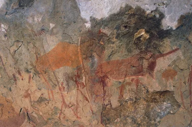 Figuras humanas y animales, pinturas rupestres de bosquimanos o san, Parque Maloti-Drakensberg (Lista del Patrimonio Mundial de la Unesco, 2000), Lesoto