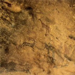 Danza fálica prehistórica, España, Cataluña, Lleida, El Cogul, Grotte des Maures (pintura)
