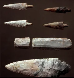 Prehistoria: puntas de flecha y sílex de la necrópolis de Cantalupo-Mandela (Cantalupo Mandela), Lacio. Edad del Cobre. Eneolítico. 2200 a.C. Roma, Museo Nacional Prehistórico Etnográfico Luigi Pigorini