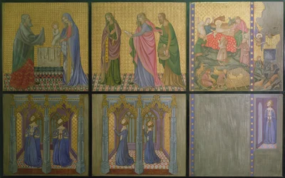 Reconstrucción de una pared de una pintura originalmente en la capilla de San Esteban, que representa a la reina Philippa (c.1314-69) y sus hijas.
