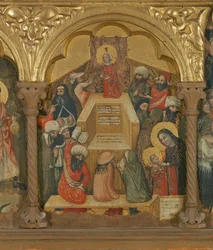 Políptico de la Dormición de la Virgen, detalle de Jesús con los Doctores (temple sobre tabla)