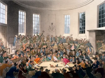 El recinto real de peleas de gallos, Birdcage Walk, St James, ilustración de «Ackermann
