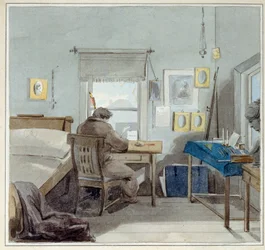 En el trabajo. En la casa de Pavel Nashchokin (1801-?) (Moscú). (En el Trabajo. En la Casa Pavel Nashchokin). Obra de Pyotr (Piotr) Fyodorovich Sokolov (Pierre Sokolov) (1791-1848), acuarela sobre papel
