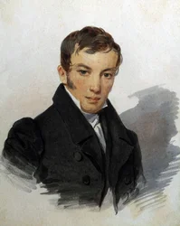 Retrato de Vasily Joukovski (1783-1852), poeta ruso (Retrato del poeta Vasily Zhukovsky). Obra de Piotr (Pyotr) Fiodorovitch Sokolov (Peter Sokolov) (1791-1848), hacia 1820. Acuarela sobre papel. San Petersburgo, Museo A. Museo Memorial Pushkin