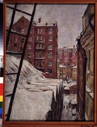 Calle Myasnitskaya 21, Moscú (calle Myasnitskaya, 21). Paisaje urbano bajo la nieve. Pintura de Piotr Ivanovich Lvov (1882-1944), óleo sobre lienzo