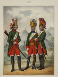 Granaderos del Regimiento Preobrazhensky, Semenovsky e Izmailovsky en 1763-1775, principios de 1840