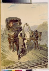 Troika (carruaje ruso tirado por tres caballos). Obra de Pyotr (Piotr) Petrovich Sokolov (1821-1899), acuarela sobre papel