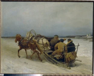 Troika en invierno. (Enganche tradicional ruso, tirado por tres caballos). Pintura de Pyotr (Piotr) Petrovich Sokolov (1821-1899), óleo sobre lienzo