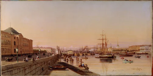 Tarde de verano en el terraplén del Neva, cerca de la Academia de Artes de San Petersburgo. Pintura de Pyotr Petrovich Vereschagin (Vereshchagin, Vereshchagin) (1836-1886), óleo sobre lienzo, alrededor de 1870. Arte ruso