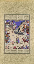 Faridun abraza a Manuchihr, Folio 59v del Shahnama Libro de los Reyes, ca. 1525
