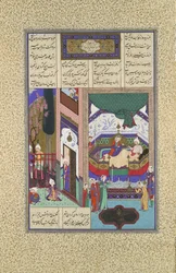 Siyavush cuenta su pesadilla a Farangis, Folio 195r del Shahnama, ca. 1525-30