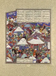 El campamento iraní embriagado atacado de noche, Folio 241r del Shahnama, ca. 1525-30