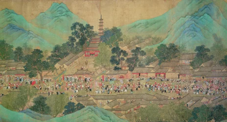 La gira del emperador Kang Shi por Kiang-Han en 1699, después de Chaio Ping Chen (1661-1722) (tinta y color sobre papel con respaldo de seda)