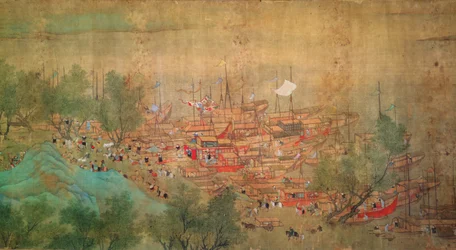 La gira del emperador Kang Shi por Kiang-Han en 1699, después de Chaio Ping Chen (1661-1722) (tinta y color sobre papel con respaldo de seda)