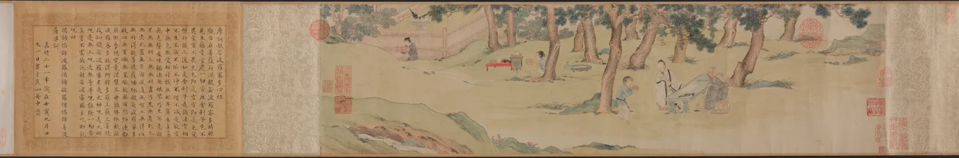 Zhao Mengfu escribiendo el Sutra del Corazón (Hridaya) a cambio de té