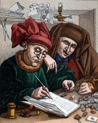 Prestamistas. Esta actividad llevó a la creación de bancos. Ilustración inspirada en la pintura de Metsys. Siglo XIX.
