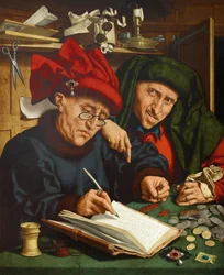 Recaudadores de impuestos. (Los recaudadores de impuestos) Pintura de Quentin Metsys (o Quinten Matsys) (1466-1530), óleo sobre madera, hacia 1520. Arte primitivo flamenco