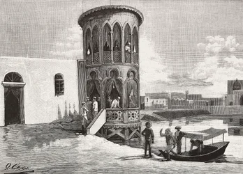 Una pequeña torre mora que alberga el club de los oficiales italianos, Massawa, Eritrea, grabado a partir de un dibujo de Quinto Cenni y un boceto de Pieragostini, de L