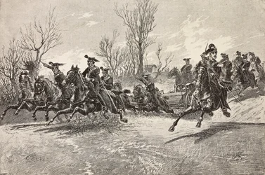 Artillería a caballo, ejército italiano, grabado de un dibujo de Quinto Cenni, de L